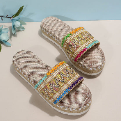 Peep-Toe Wedge Braided Jute Platform Comfortable Slip-On Sandals